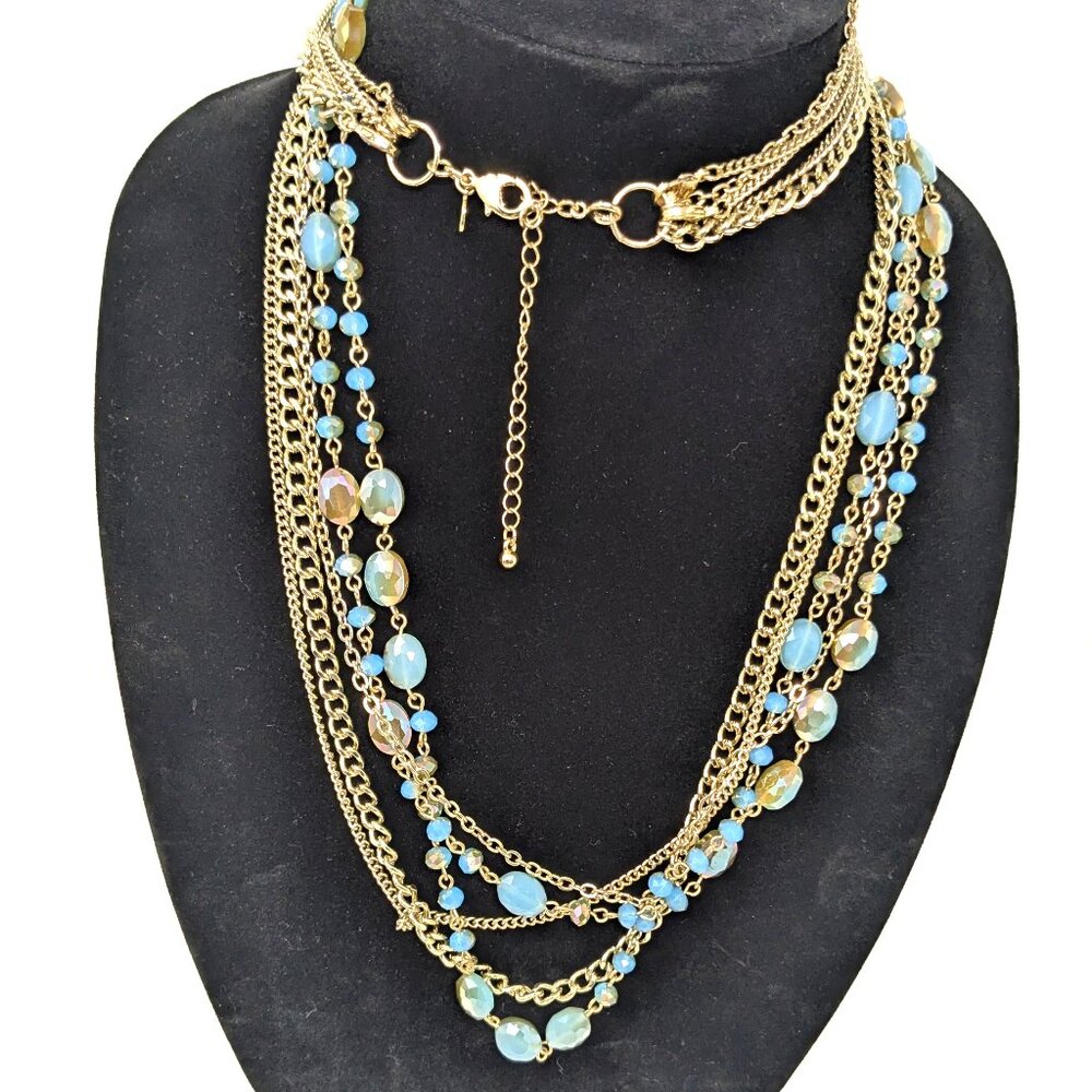 Premier Designs 5 Strand Blue Stone Convertible Station Necklace Gold tone 38"